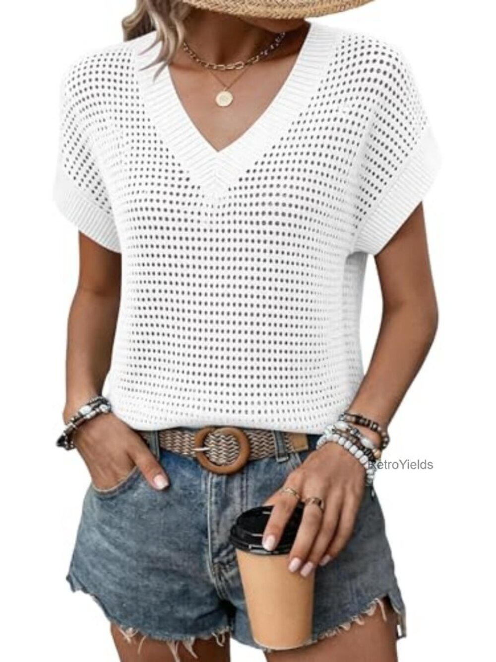 Women Crochet Knit Sweater Vest V-Neck Cap Sleeve Hollow Out Pullover Beach